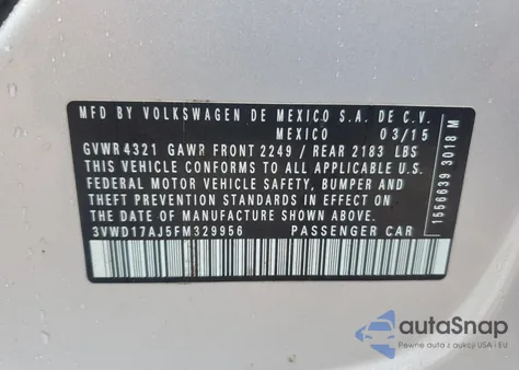 2015 Volkswagen Jetta Se z USA, uszkodzony, nr VIN 3VWD17AJ5FM329956